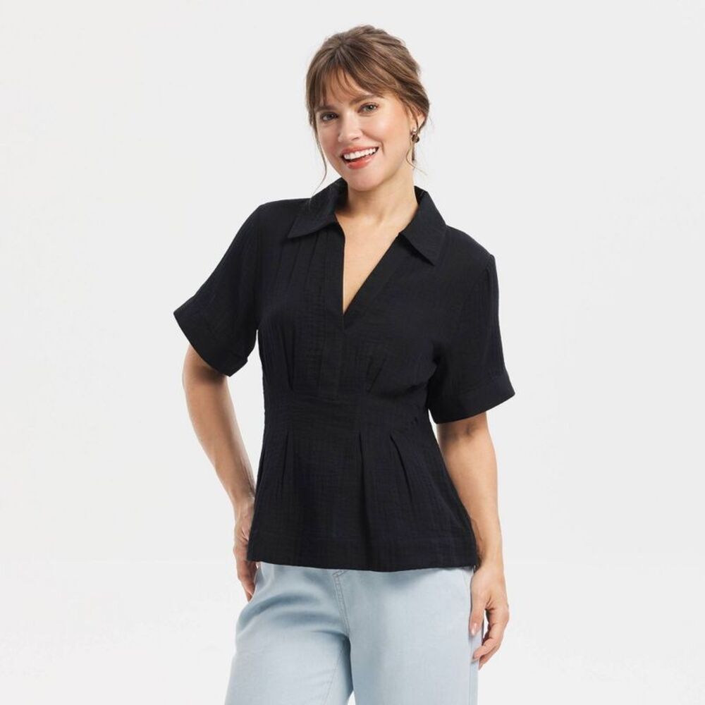 Women's Dolman Short Sleeve Collared V-Neck Top - Universal Thread Black XS